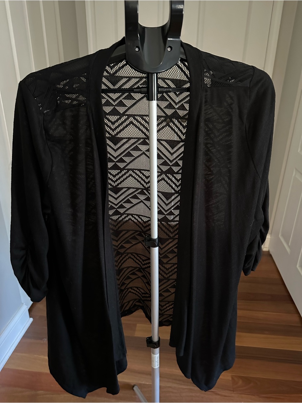Black Open-Front Women's Cardigan with Patterned Mesh Back